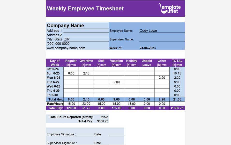 Employee Timesheet Excel Template