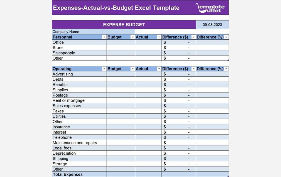 Expenses-Actual-vs-Budget Excel Template