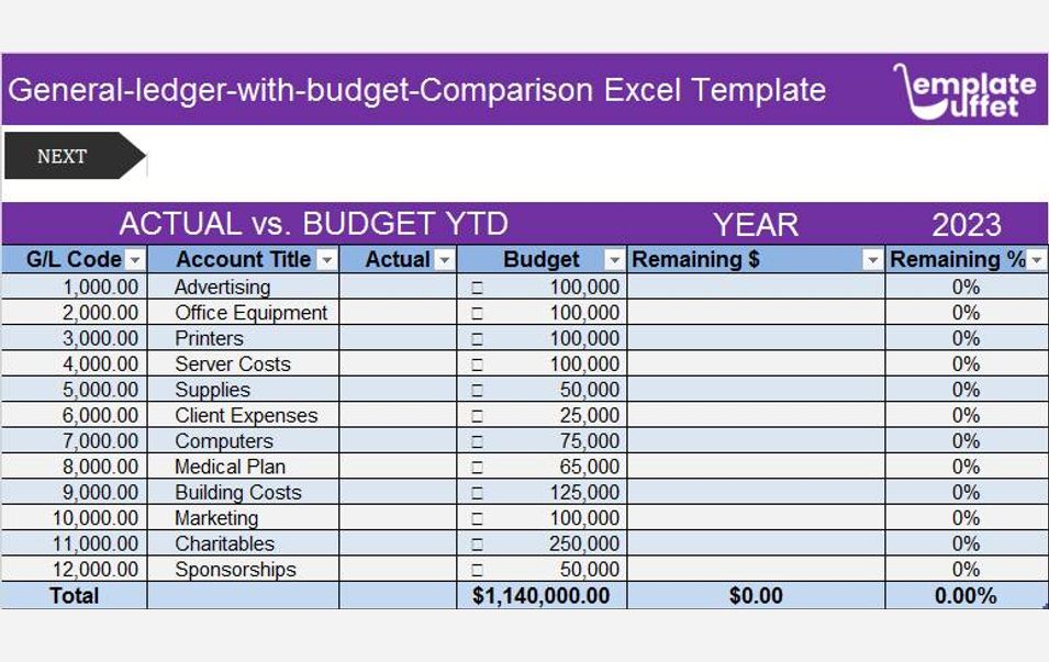 General-ledger-with-budget-Comparison Excel Template