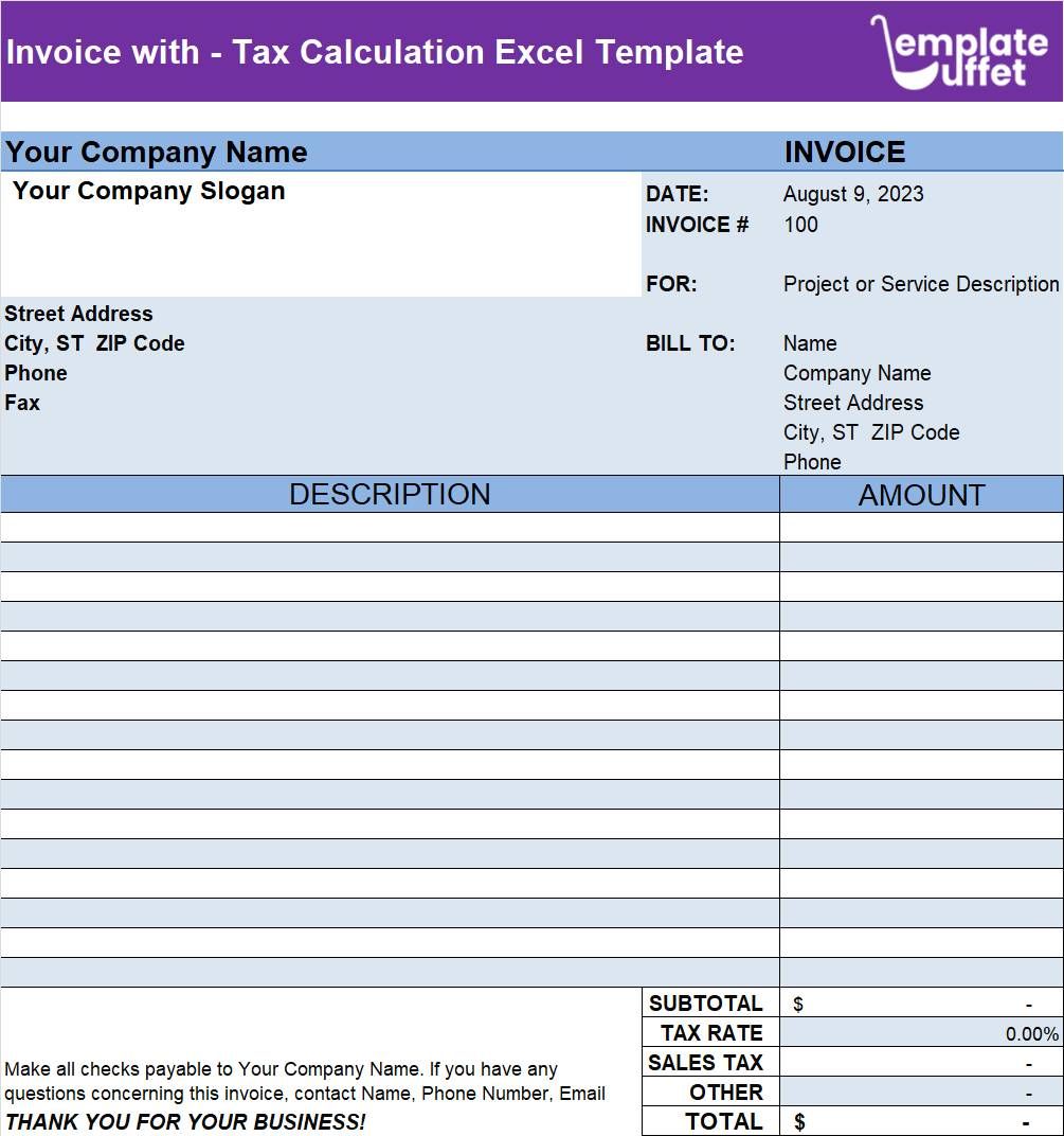 Invoice with-Tax Calculation Excel Template