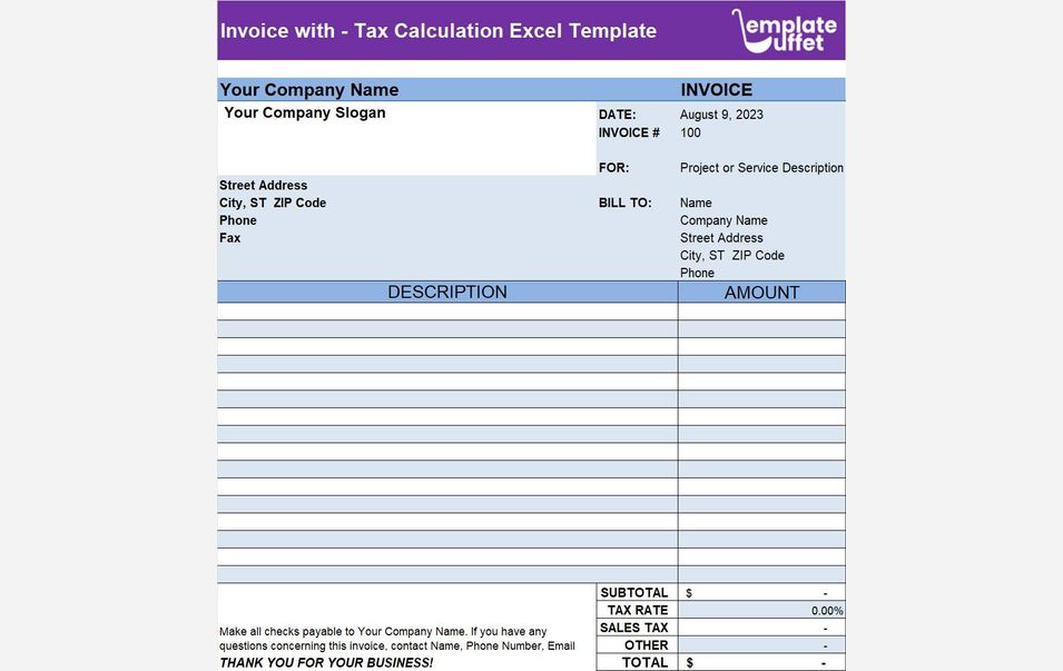 Invoice with-Tax Calculation Excel Template