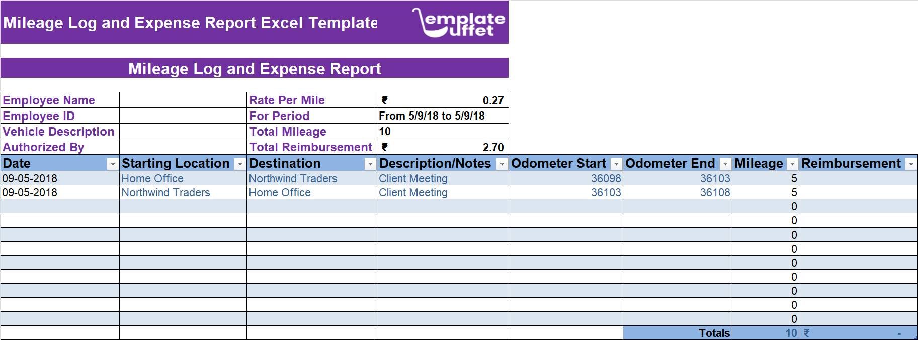 Mileage Log and Expense Report Excel Template