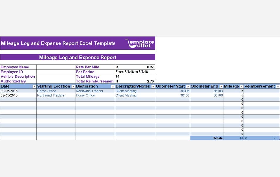 Mileage Log and Expense Report Excel Template