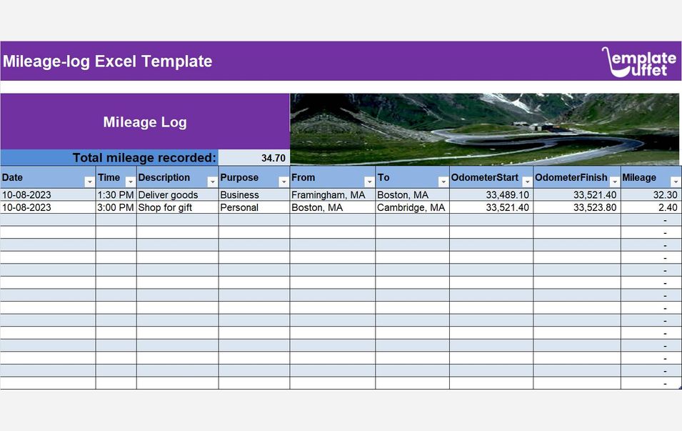 Mileage-log Excel Template