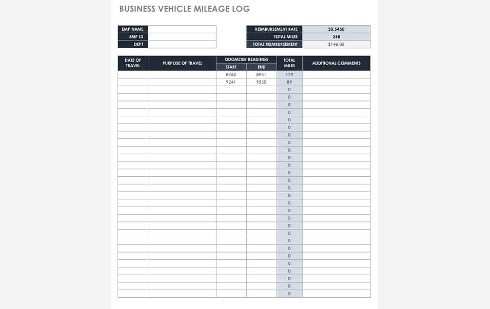 Mileage Tracking Template