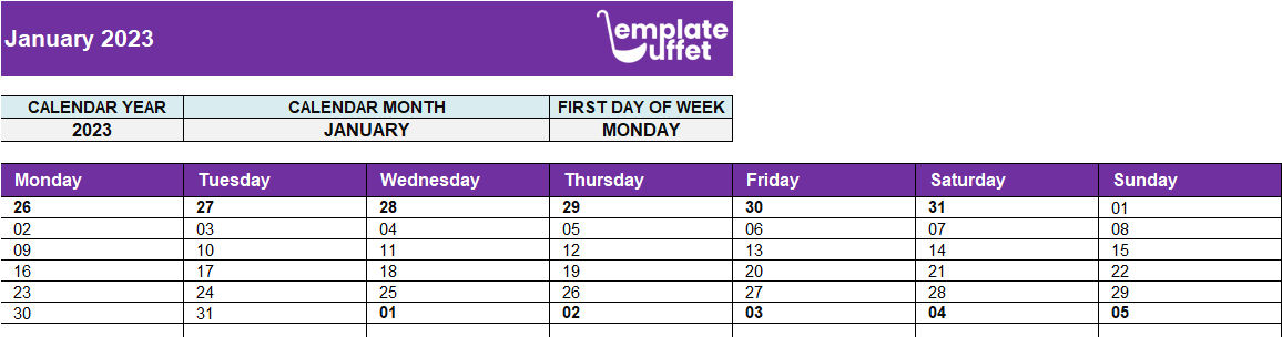 One month Calendar January 2023
