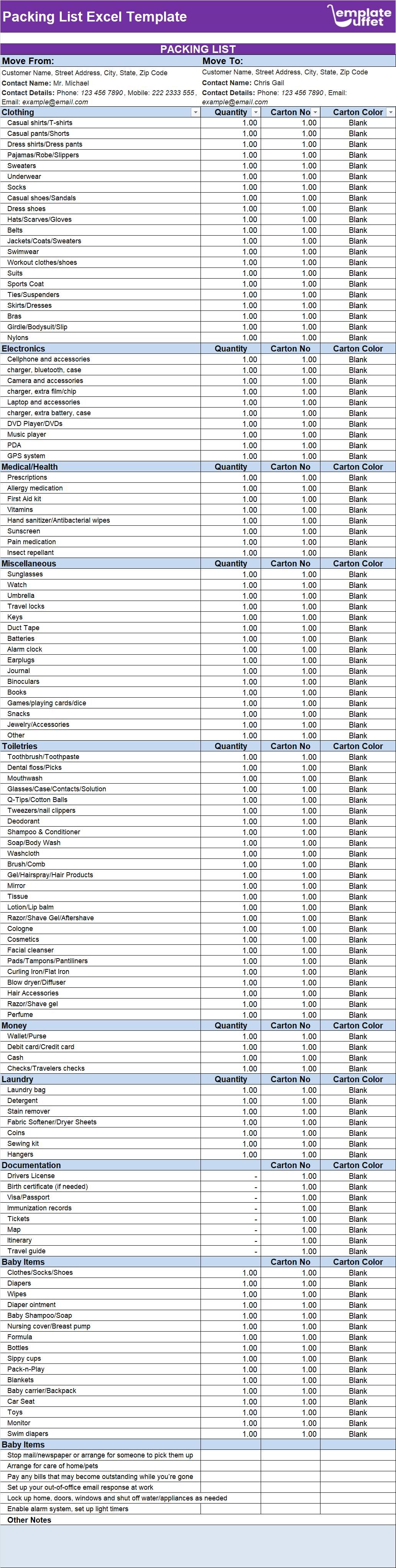 Packing List Excel Template