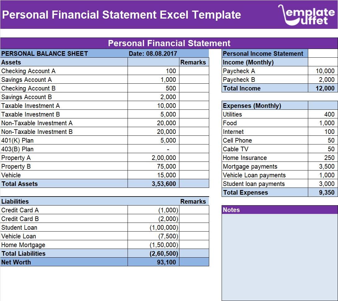 Personal Financial Statement Excel Template
