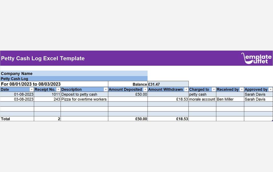 Petty Cash Log Excel Template