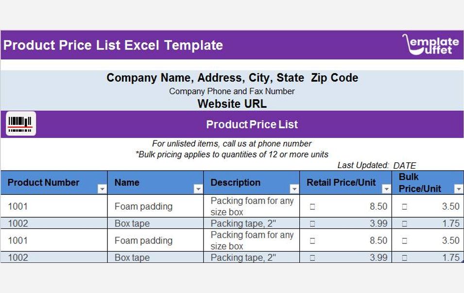 Product Price List Excel Template