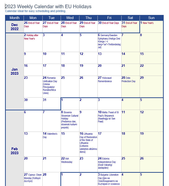 2023 Weekly Holiday Calendar
