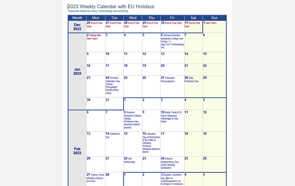 2023 Weekly Holiday Calendar
