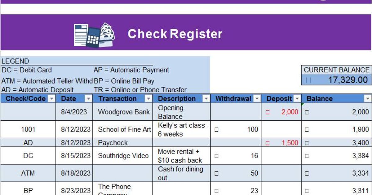 Check Register Excel Template with Transaction Code - Easily Manage ...