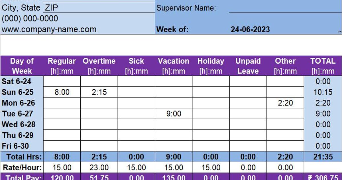 Employee Timesheet Excel Template Easily Track Hours Worked & Calculate Pay