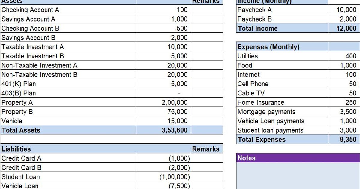 Personal Financial Statement Excel Template Track Monitor Finances Personal Financial Statement Excel Template Track Monitor Finances