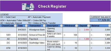 Check Register with Transaction Code Excel Template