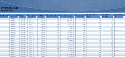 Inventory List Excel Template