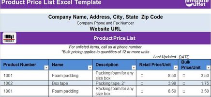 Product Price List Excel Template