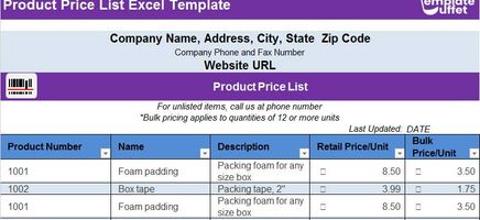 Product Price List Excel Template