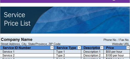 Service Price List Excel Template