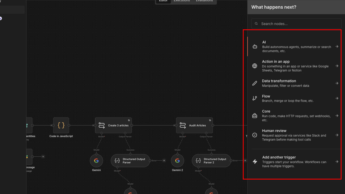 n8n nodes list panel