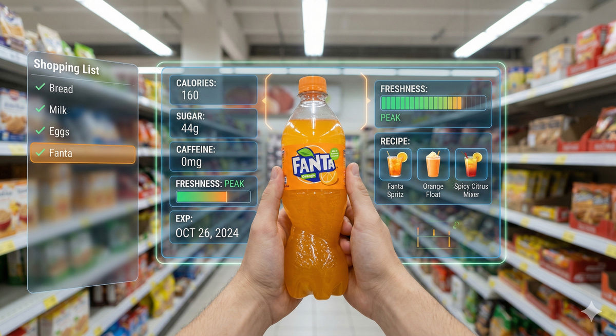POV holding Fanta with holographic AR overlay