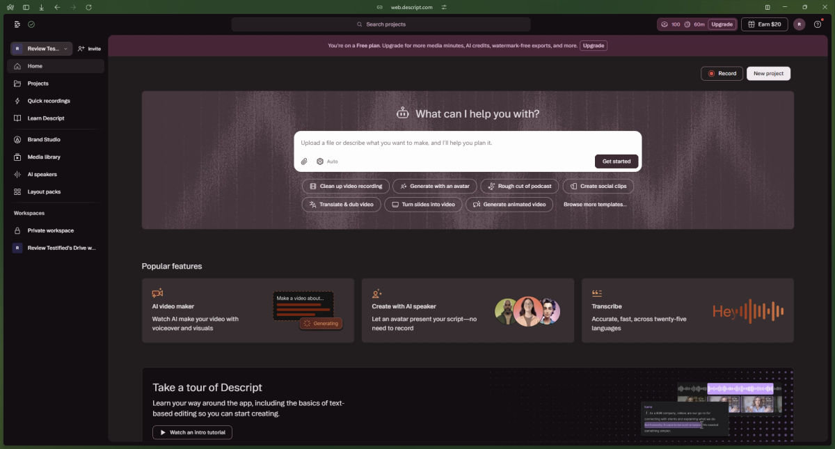 The Main Dashboard of Descript
