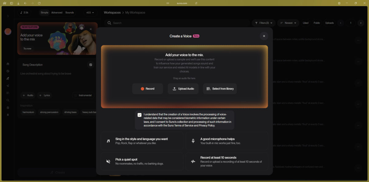 Add Your Voice With Suno v5.5