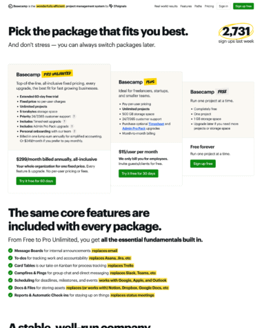 Basecamp pricing screenshot