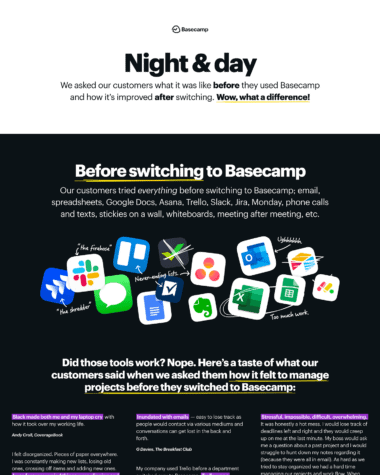 Basecamp testimonials screenshot