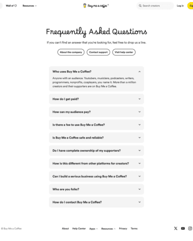Buy Me a Coffee FAQ screenshot
