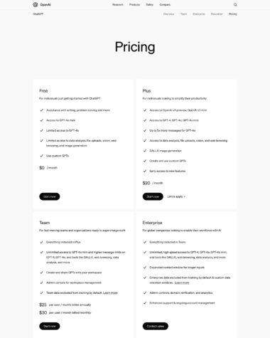 ChatGPT pricing screenshot