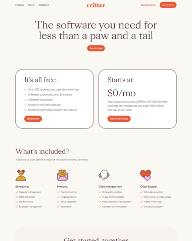 Critter pricing screenshot