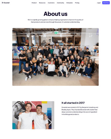 Dovetail about us screenshot