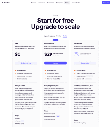 Dovetail pricing screenshot