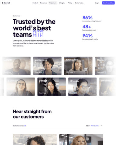 Dovetail testimonials screenshot
