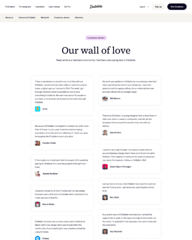 Dribbble testimonials screenshot