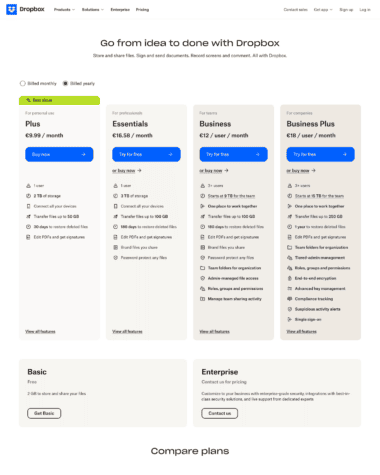 Dropbox pricing screenshot