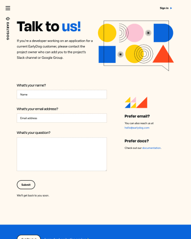 EarlyDog contact us screenshot