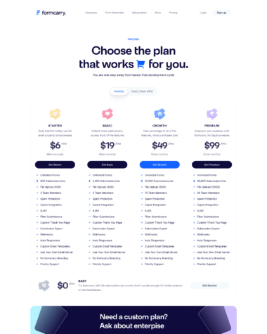 Formcarry pricing screenshot