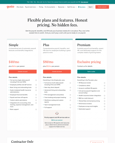 Gusto pricing screenshot