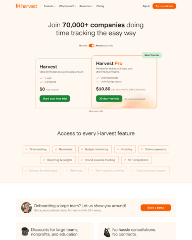 Harvest pricing screenshot