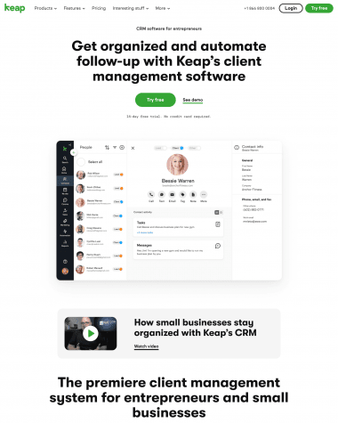 Keap features screenshot