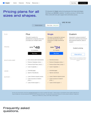 Kepler pricing screenshot