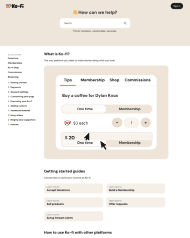 Ko-fi FAQ screenshot