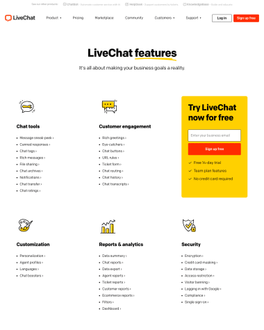 LiveChat features screenshot