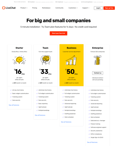 LiveChat pricing screenshot