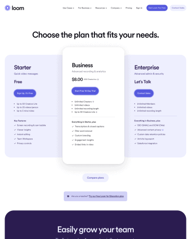 Loom pricing screenshot