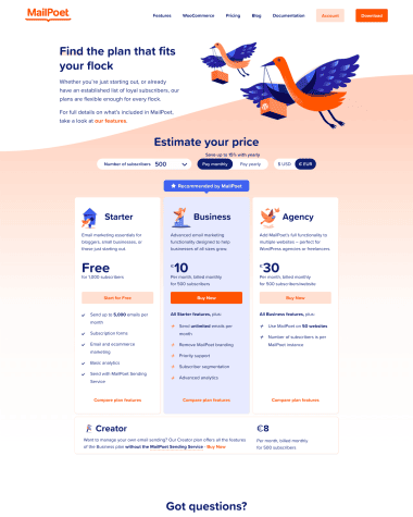 MailPoet pricing screenshot