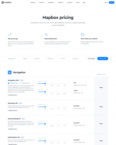 Mapbox pricing screenshot